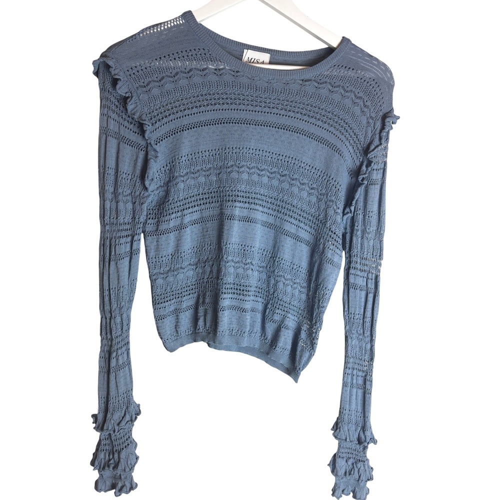 MISA Los Angeles Blue Pointelle Ruffle Long Sleeve Knit Top Medium